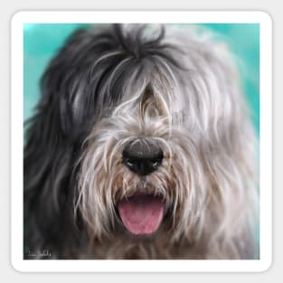 Close Up Painting of a Black and White English Sheep Dog on Blue Background Sticker